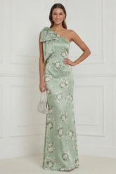 Sage Green One Shoulder Sheath Floral Long Bridesmaid Dress with Bow