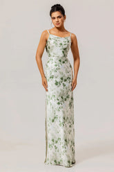 Green Flower Sheath Cowl Neck Print Open Back Long Bridesmaid Dress with Slit