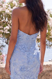 Halter Blue Floral Sheath Wedding Guest Dress