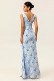 Blue Sheath Open Back Print Floral Chiffon Long Plus Size Bridesmaid Dress