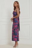 Strapless Fuchsia Sheath Floral Midi Wedding Guest Dress with Bow