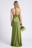Green Halter Mermaid Ruched Long Bridesmaid Dress