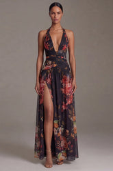Halter Black A Line Printed Formal Dress with Slit