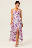 Purple Flower A Line Spaghetti Straps Front Knot Print Maxi Dress with Slit