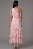 One Shoulder Floral Tiered A Line Pink Wedding Guest Dress