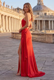 Red One Shoulder Mermaid Satin Cut Out Maxi Prom Dress