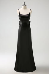 Black Mermaid Spaghetti Straps Long Ruffle Satin Bridesmaid Dress with Bow