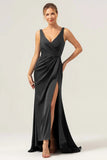 Burgundy Mermaid V Neck Ruched High Low Long Satin Bridesmaid Dress with Slit