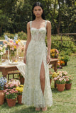 Floral Light Green Corset A Line Wedding Guest Dress with Slit
