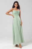 Dusty Sage A Line Spaghetti Straps Embroidered Chiffon Bridesmaid Dress