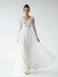 Romantic Modern A Line Floor length Chiffon Lace V neck Long Sleeve Wedding Dress
