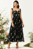 Black A Line Sweetheart Tea Length Wedding Party Dress with Embroidery