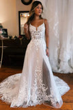 A Line Off The Shoulder Wedding Dress With Appliques And Slit
