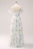 White Blue Floral A Line Off The Shoulder Tiered Print Bridesmaid Dress