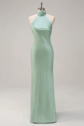 Agave Sheath Halter Satin Floor Length Bridesmaid Dress with Open Back