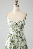 Green A Line Spaghetti Straps Printed Floral Maxi Dress With Slit