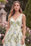 Floral V Neck A Line Sage Wedding Guest Dress