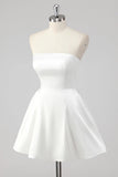 Simple A Line Strapless Satin Little White Graduation Dress