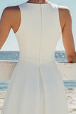 Simple White A Line Scoop Neck Satin Midi Graduation Dress