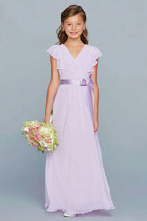 Lilac A Line V Neck Junior Bridesmaid Dress with Ruffles