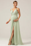 Dusty Sage A Line Spaghetti Straps Pleated Chiffon Maternity Bridesmaid Dress With Slit