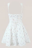 White Warm Rose Print Cotton Ruffled Mini Dress