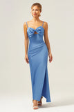Mermaid Spaghetti Straps Satin Blue Tea Length Dress with Bow