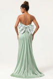 Green Strapless Mermaid Long Bridesmaid Dress with Bow