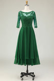 Green A Line Tie Back Appliqued Midi Mother Of The Bride Dress with Half Sleeves