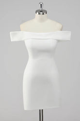 Simple Sheath Off the Shoulder Satin Short White Graduation Dress