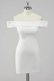 Simple Sheath Off the Shoulder Satin Short White Graduation Dress