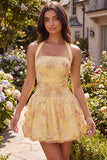 Yellow Halter Corset A Line Embroidered Short Homecoming Dress