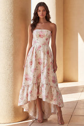 Strapless Floral White Pink Ruffled High Low Wedding Guest Dress