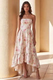 Strapless Floral White Pink Ruffled High Low Wedding Guest Dress