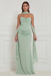 Strapless Ruched Sage Bridesmaid Dress with Scarf