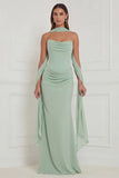 Strapless Ruched Sage Bridesmaid Dress with Scarf