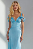 Sky Blue Mermaid Satin Backless Long Formal Dress with Bows