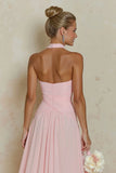 Halter Cut Out A Line Blush Pink Long Bridesmaid Dress with Slit