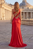 Red One Shoulder Mermaid Satin Cut Out Maxi Prom Dress