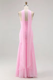 Pink Strapless Ruched Mermaid Long Bridesmaid Dress with Slit