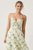 Green Flower A Line Ruched Spaghetti Straps Long Bridesmaid Dress
