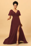 A Line V Neck Long Chiffon Bridesmaid Dress with Slit