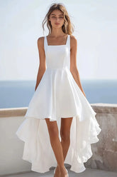 White Simple Square Neck High Low A Line Graduation Dress With Ruffles