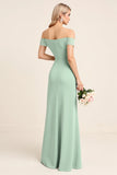 Mint Sheath Off The Shoulder Long Bridesmaid Dress with Slit