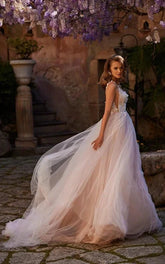 A Line V neck Tulle Wedding Dress Sexy Beach Gown With Court Train And Lace Appliques