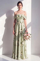 Off the Shoulder A Line Sage Green Floral Bridesmaid Dress