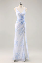 Blue Flower Sheath V Neck Ruched Long Bridesmaid Dress with Slit