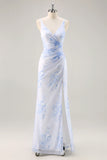 Blue Flower Sheath V Neck Ruched Long Bridesmaid Dress with Slit