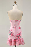 Bodycon Strapless Pink Floral Printed Short Homecoming Dress with Ruffles