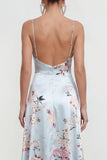 Floral Blue A Line Satin Ruffled Wedding Guest Dress
